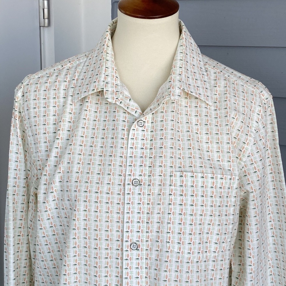 Banana Reublic Men Button Down Shirt L White Orange Green Leaf Print Long Sleeve
